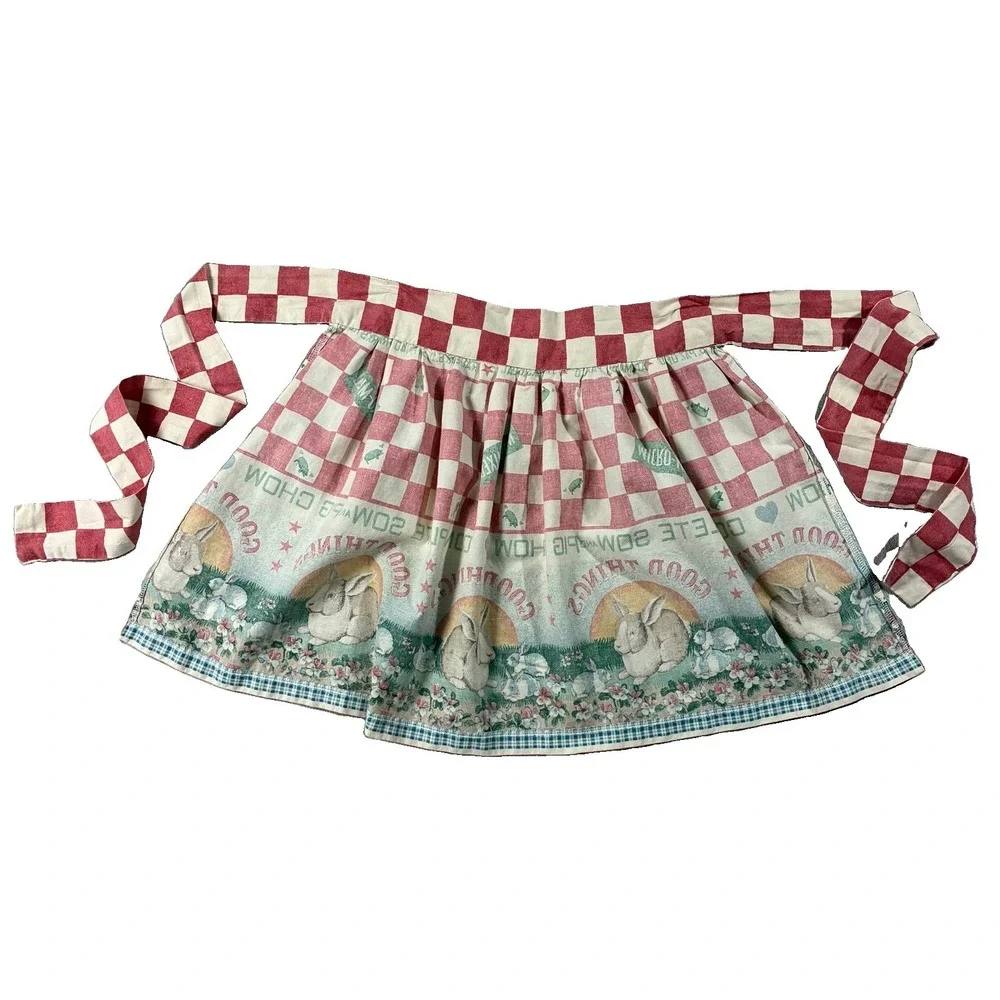 Country Style Waist Apron Red Check Bunny Rabbit Good Things Print Cottagecore
